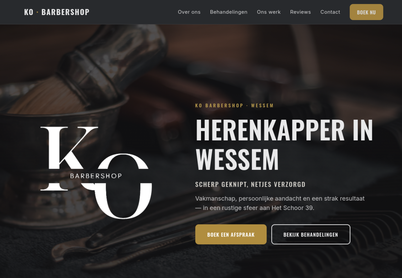 Screenshot van de website KO Barbershop, een lokale barbershop